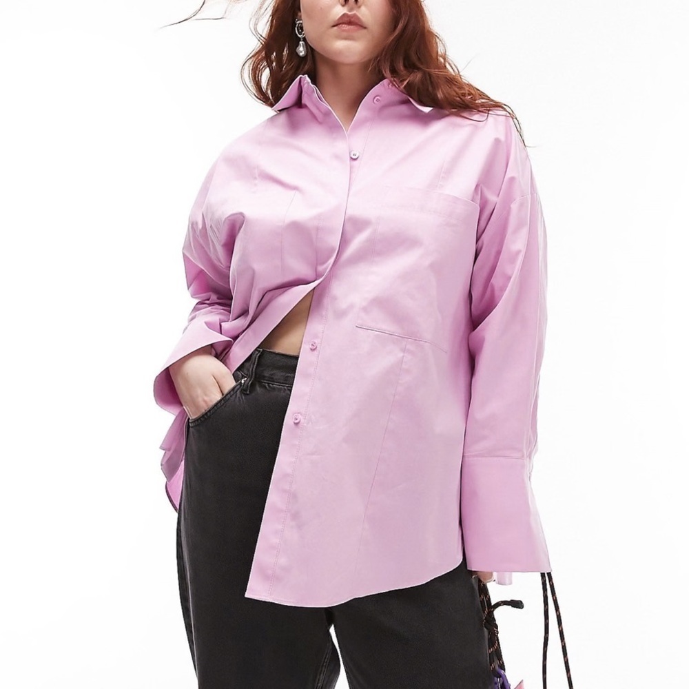 Topshop Shirt Oversized Sz US S 4-6 Pink Collared Long Sleeve Split Back Cotton